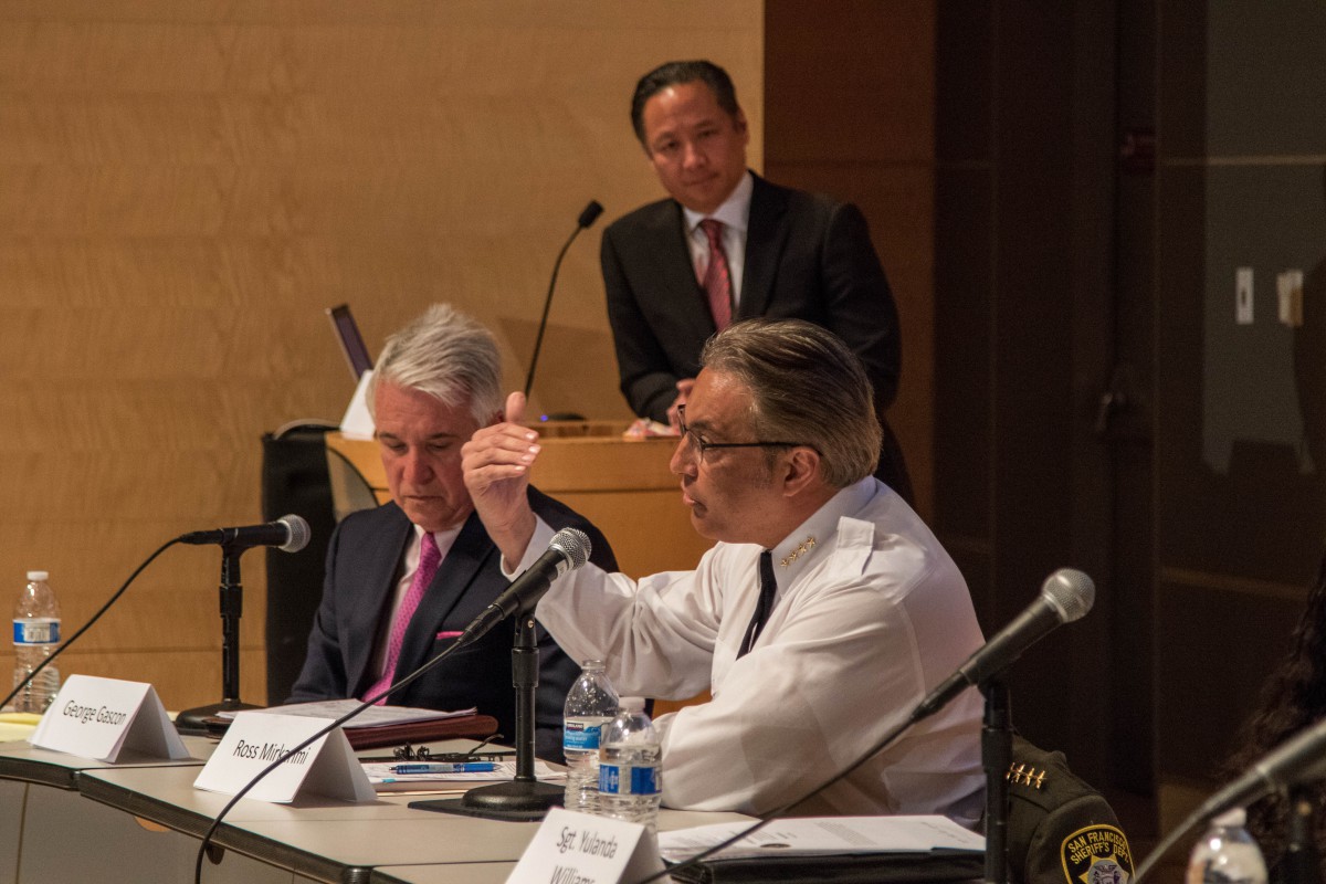 Sheriff Mirkarimi speaks as Jeff Adachi looks on