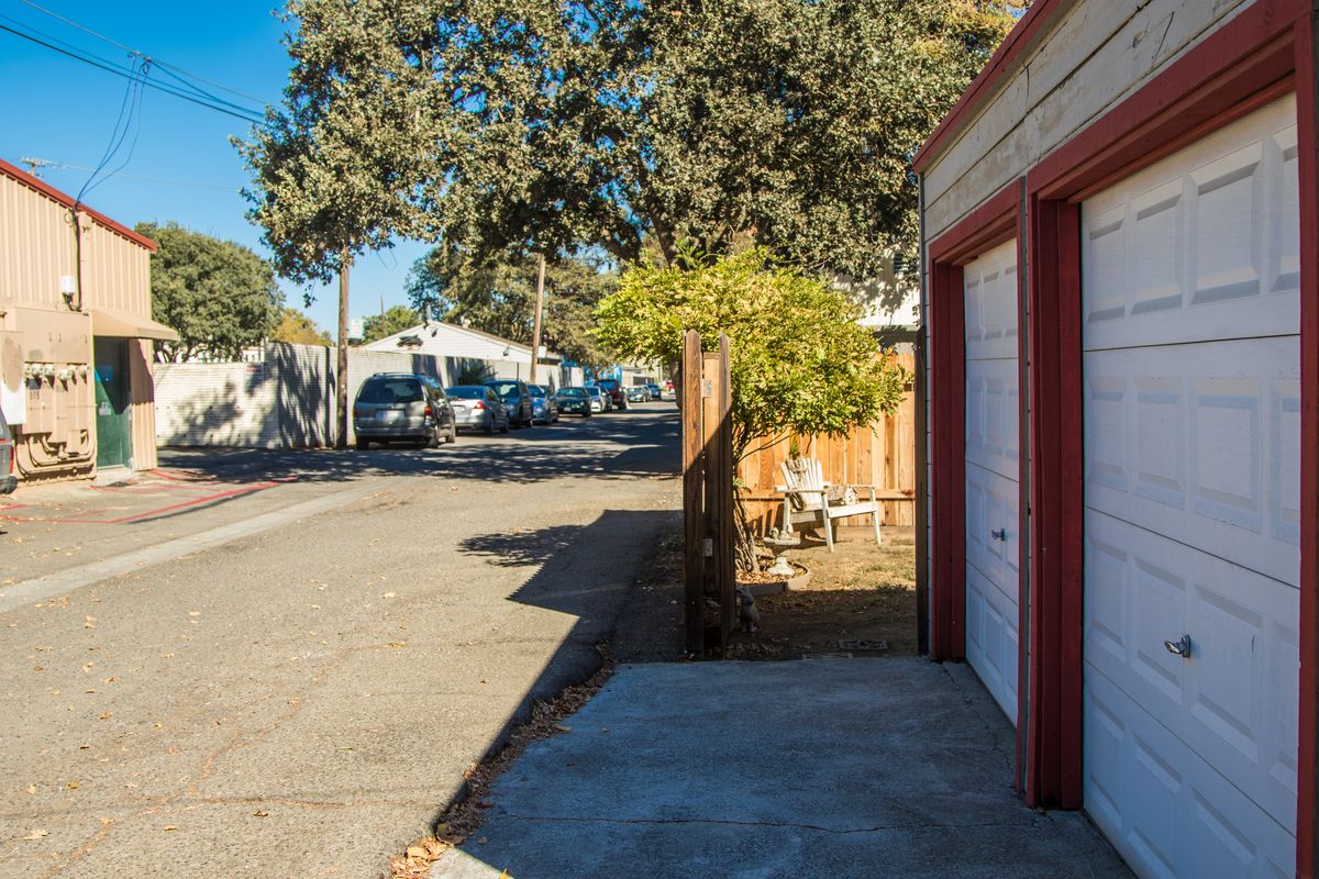 A view of the Burdicks garage from the alleyway