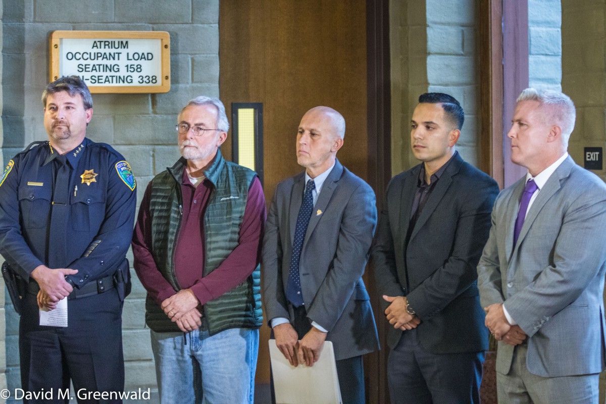 From left to right: Davis Police Chief Darren Pytel, Yolo County Supervisor Don Saylor, Davis Mayor Robb Davis, Woodland Mayor Angel Barajas, and Yolo County DA Jeff Reisig